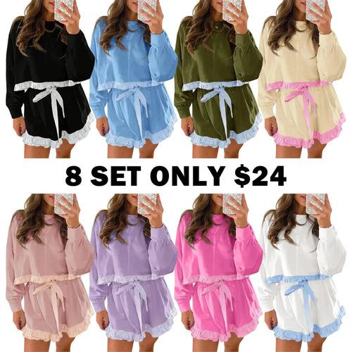 Women's 2 Piece Lounge Sets Ruffle Color Block Cropped Sweatshirts