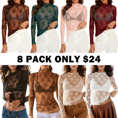 Women‘s Mesh Tops Lace Spring Long Sleeve Shirts