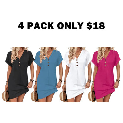 Women's Plain Button V Neck Tee Dress