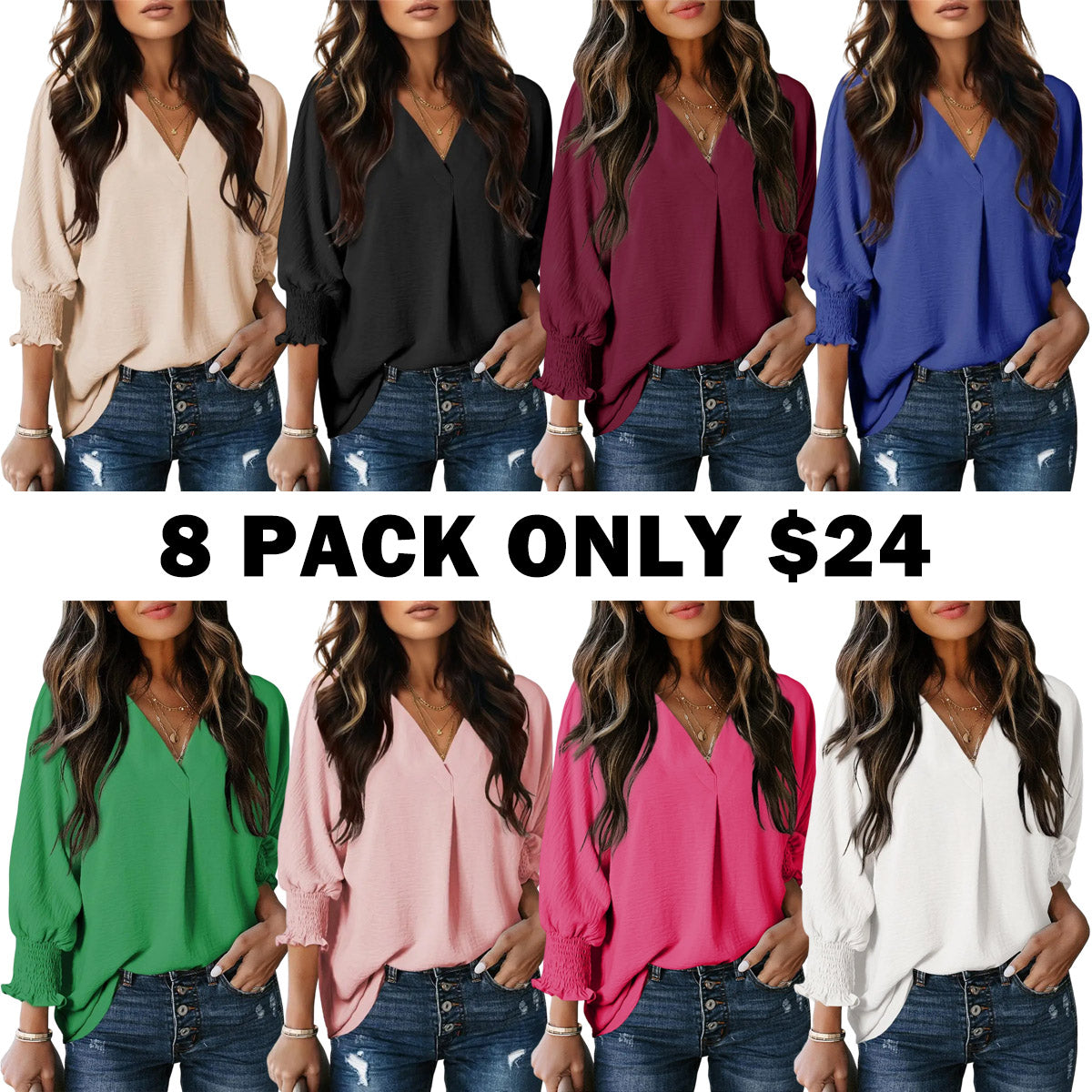 Women's V-Neck 3/4 Sleeve Oversized Tunic Tops