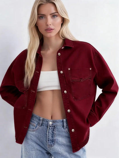 Women's Plain Button Front Drop Shoulder Curved Hem Denim Jacket