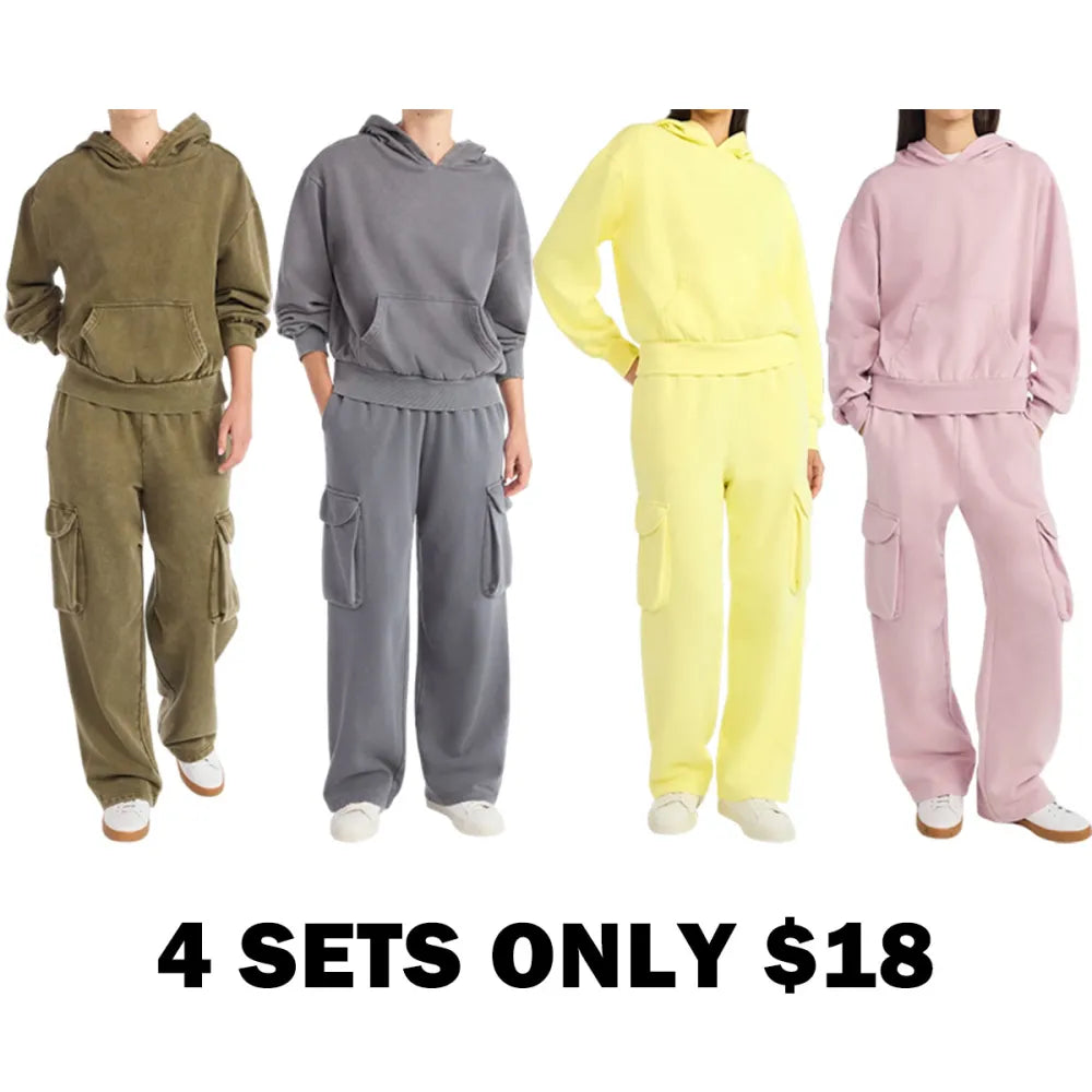Mineral Washed Oversized Cropped Hoodie + Wide Leg Cargo Sweatpants