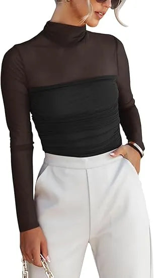 Women’s Long Sleeve Sheer Mesh Ruched Going Out Bodysuits Tops