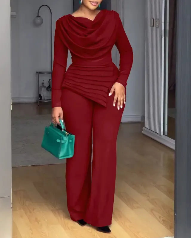 Cowl Neck Asymmetrical Patchwork Ruched Jumpsuit