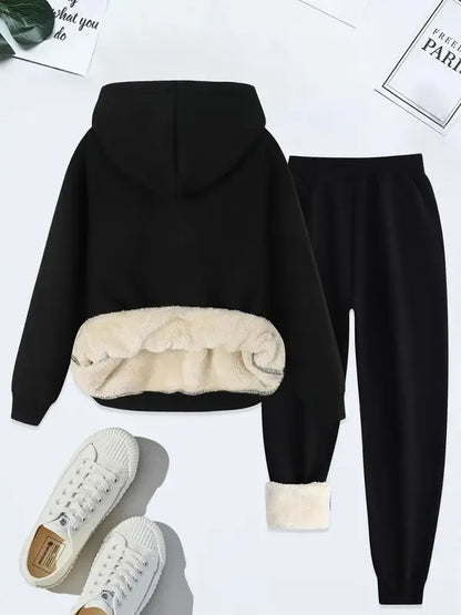 Women's Thermal Lined Solid Color Hoodie & Drawstring Waist Pants Two-piece Set