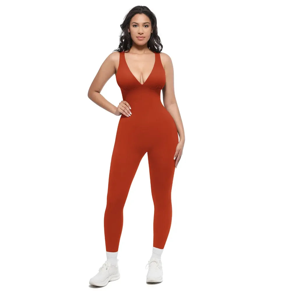 Deep V High-Waisted Tummy Control Jumpsuit
