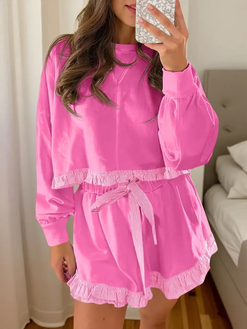 Women's 2 Piece Lounge Sets Ruffle Color Block Cropped Sweatshirts