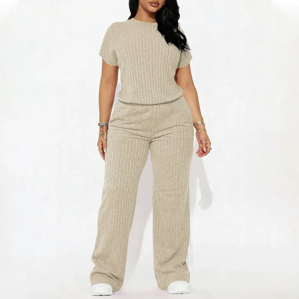 Women's Solid Shortsleeve Crewneck Ribbed Top & Wide Leg Pants