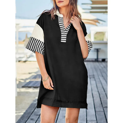 V Neck Summer Color Block Short Sleeve Mini Dress