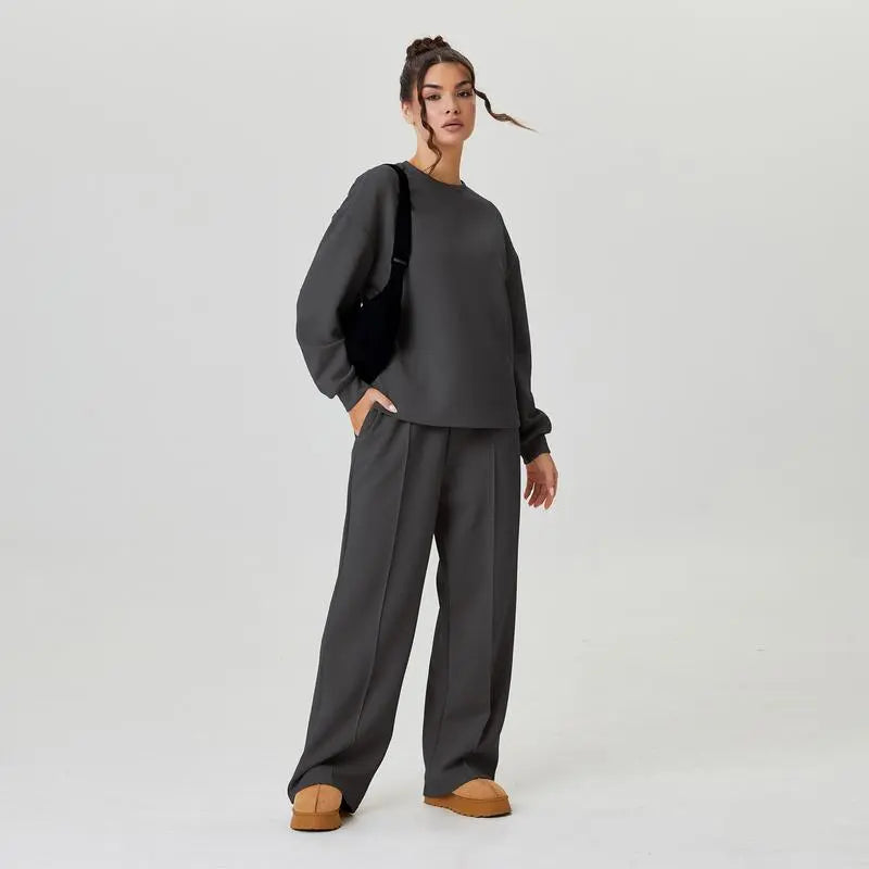 Women's Cozy Round Neck Top & Wide Leg Trousers Two Piece Outfits