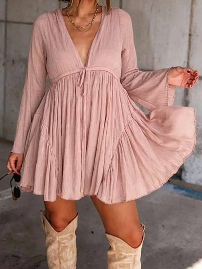 Women's V Neck Long Sleeve Dress with Pants Lining