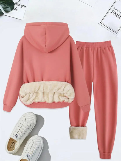 Women's Thermal Lined Solid Color Hoodie & Drawstring Waist Pants Two-piece Set