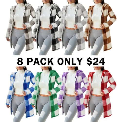 Plaid Fleece Long Sleeve Hooded Coat