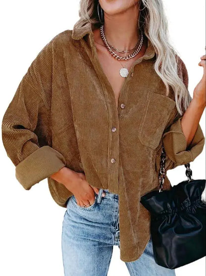 Plain Pocket Button Front Corduroy Shirt