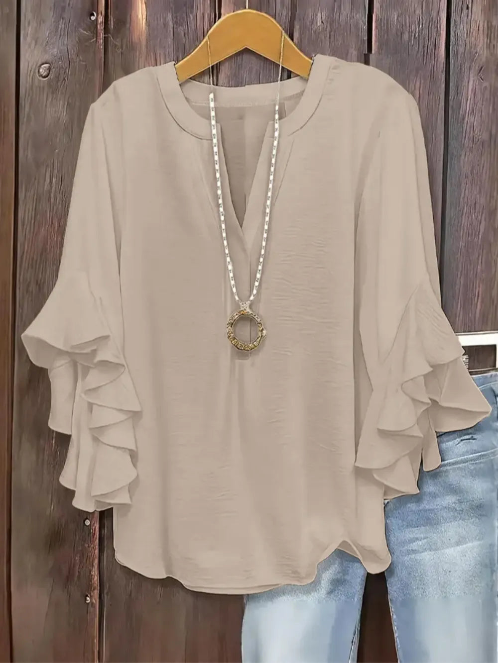 Plus Size Women's Ruffle Sleeve Notched-Neck Fitted Blouse