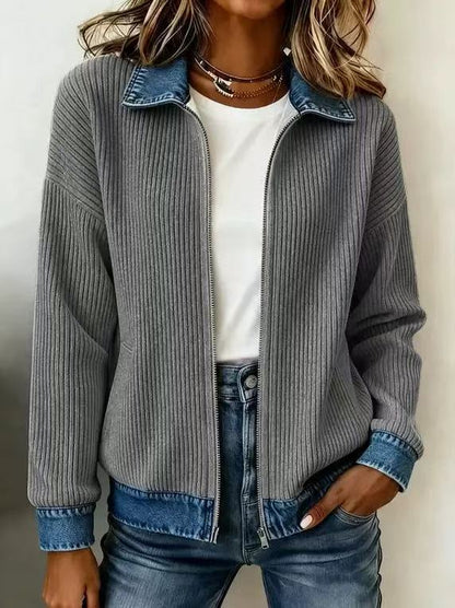 🎁Women's Casual Ribbed Knit Zip-Up Jacket with Contrast Denim Details