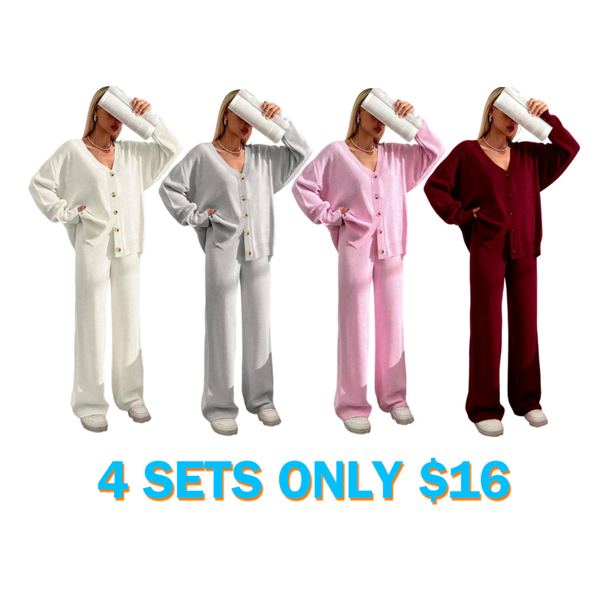Women's Solid V Neck Cardigan & Elastic Waist Wide Leg Pants Two-piece Set