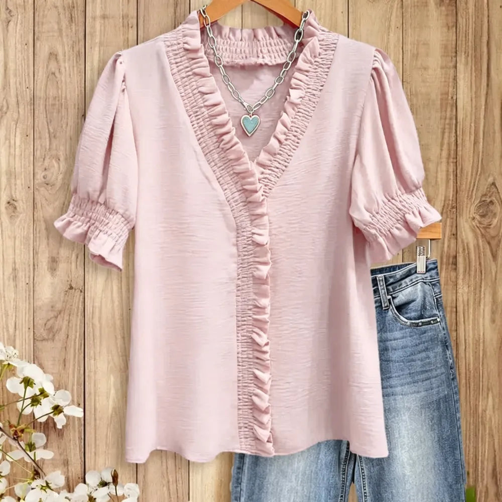 Ruffle Trim V - Neck Blouse