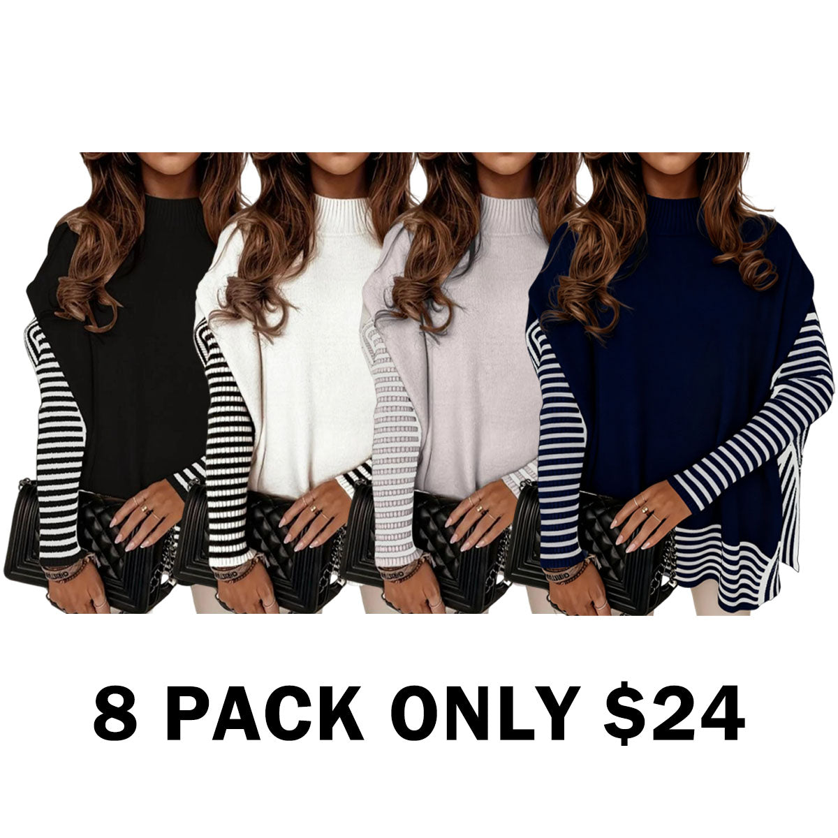 Striped Patchwork Print Batwing Sleeve Split Hem Sweater