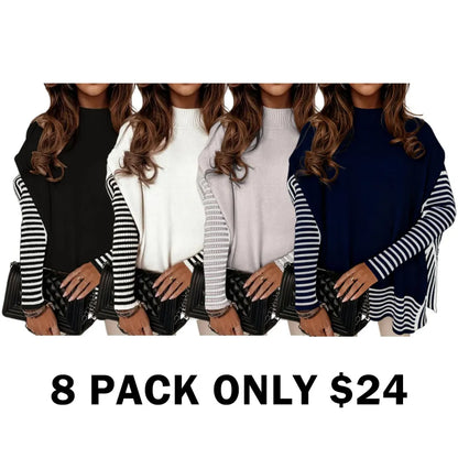 Striped Patchwork Print Batwing Sleeve Split Hem Sweater