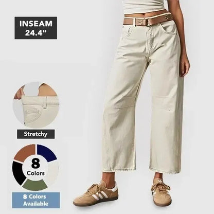 Solid Stitch Detail Mid Waist Crop Baby Barrel Pants