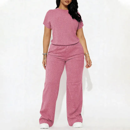 Women's Solid Shortsleeve Crewneck Ribbed Top & Wide Leg Pants