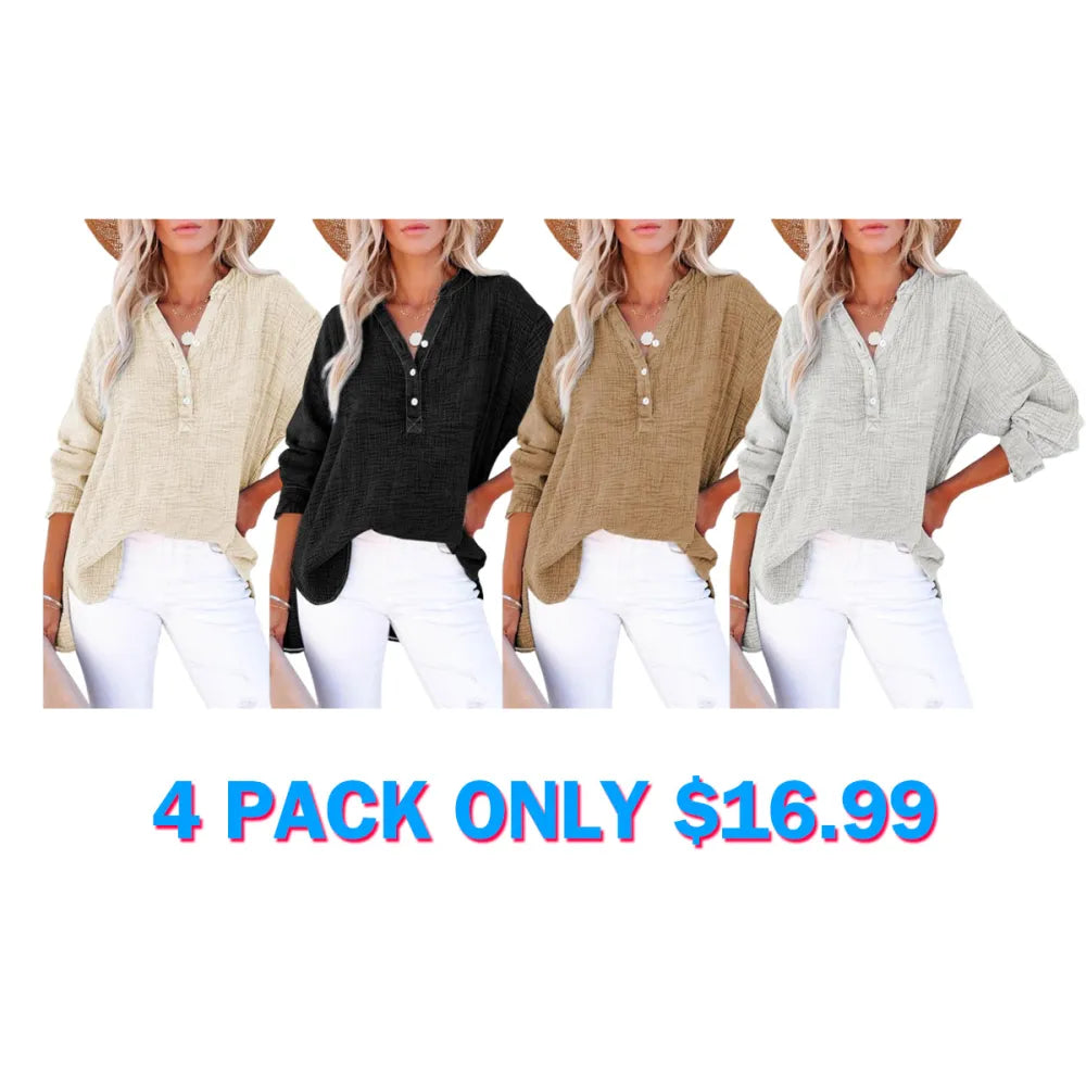 Women's Casual Button V Neck Long Sleeve Shirts