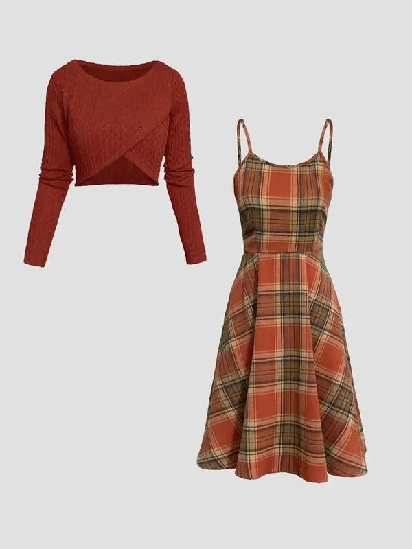 Women's Long Sleeve Crop Top & Plaid Print A-Line Dress Set