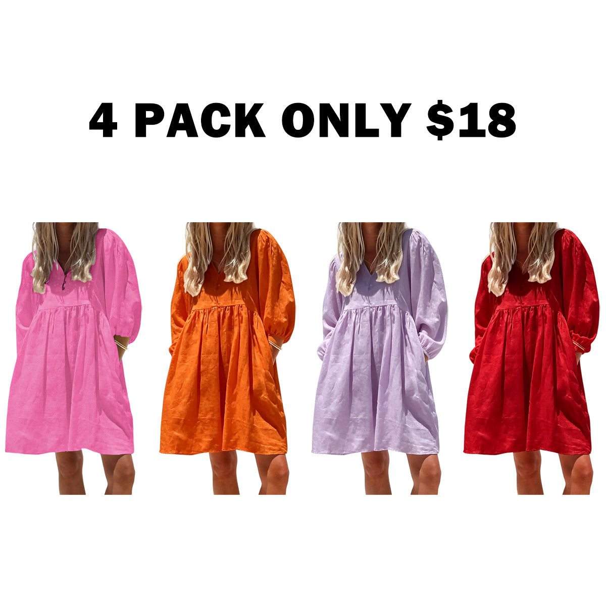 Women's Summer V-Neck Puff-Sleeve Dress