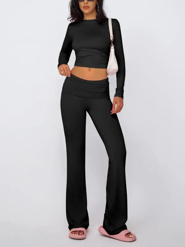 Women's Solid Long Sleeve Crop Tee & Flare Leg Skinny Pants Loungewear Set