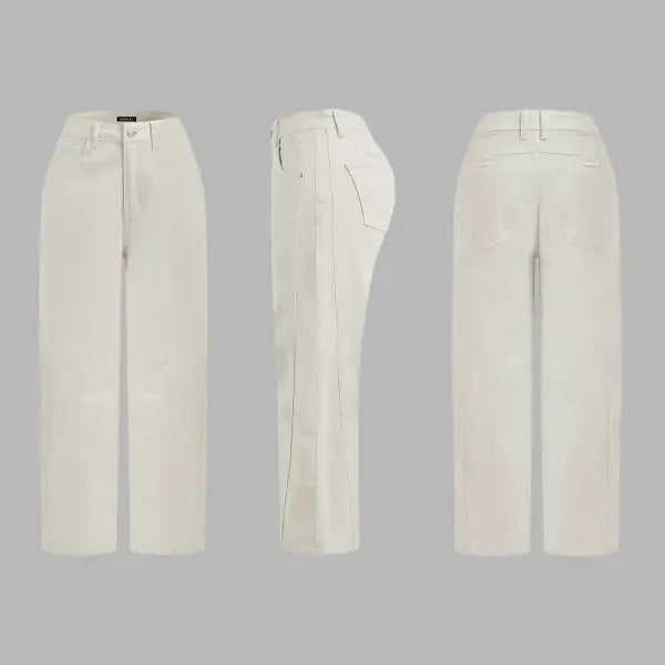 Solid Stitch Detail Mid Waist Crop Baby Barrel Pants