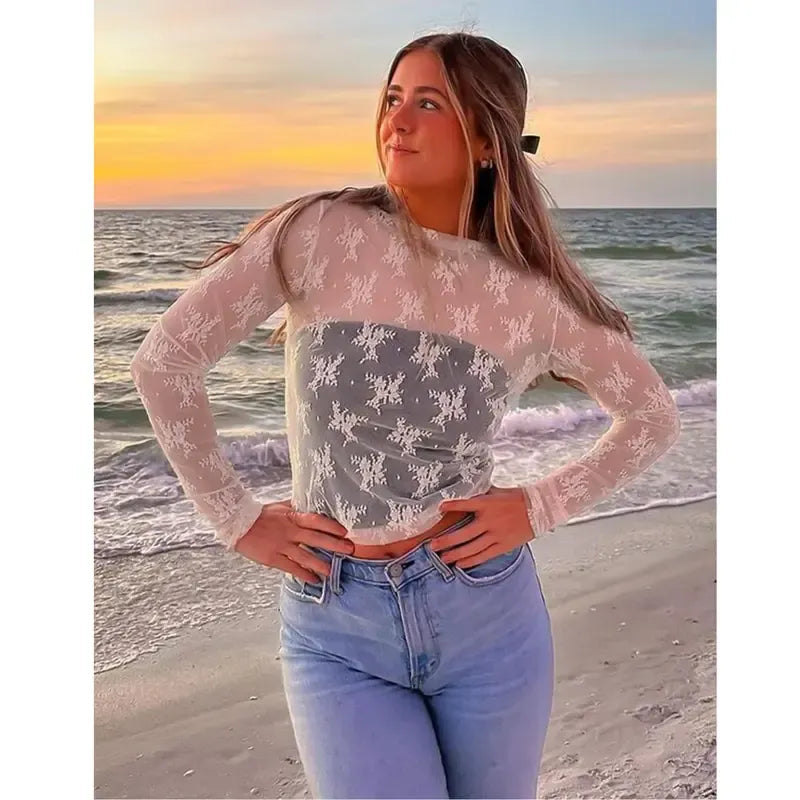 Women‘s Mesh Tops Lace Spring Long Sleeve Shirts