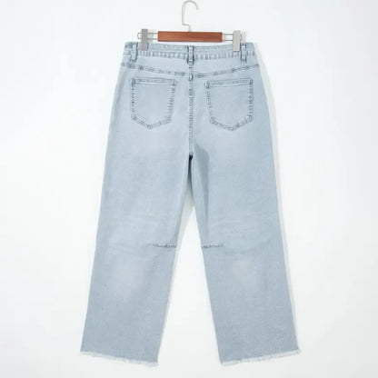 Women's Frayed Cropped Straight Jeans with Pockets