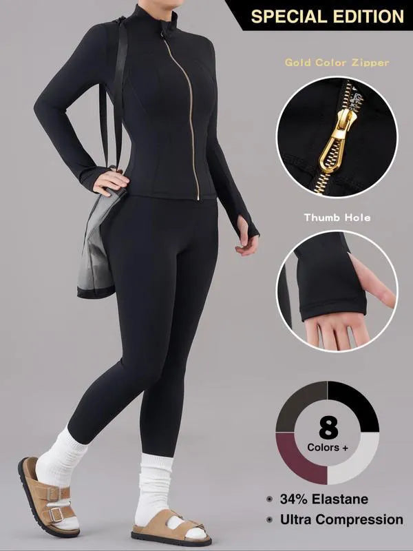 Solid Zip Up Jacket & High Waist Leggings Tracksuit Set