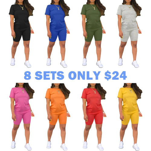 Two-piece Set Women's Fitted Plain Round Neck Tee & Skinny Shorts Set