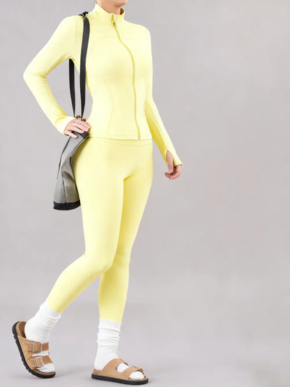 Solid Zip Up Jacket & High Waist Leggings Tracksuit Set