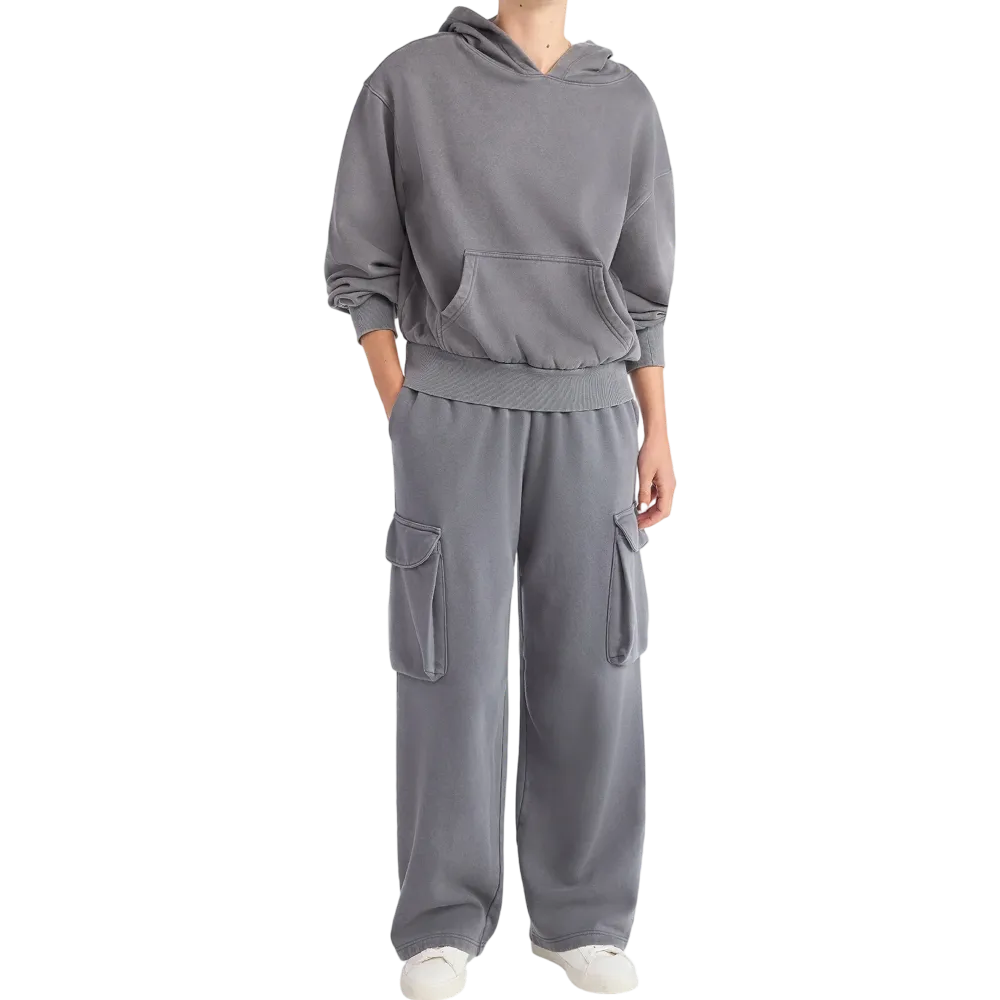 Mineral Washed Oversized Cropped Hoodie + Wide Leg Cargo Sweatpants