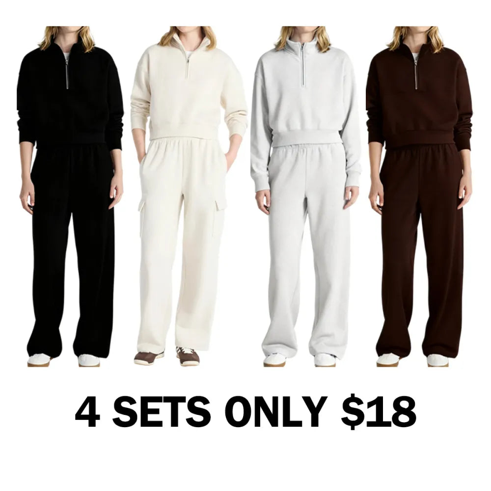Fleece Half Zip Pullover & Cargo Wide-Leg Pants 2-Piece Set