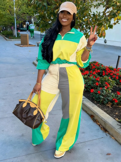 Set Women's Colorblock Zip Up Jacket & Wide Leg Pants