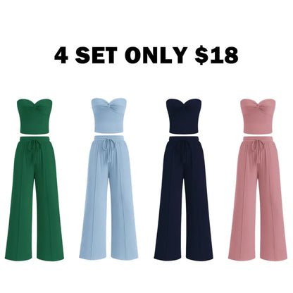 Women Summer Ribbed Strapless Twist Knot Tube Top Pants Set