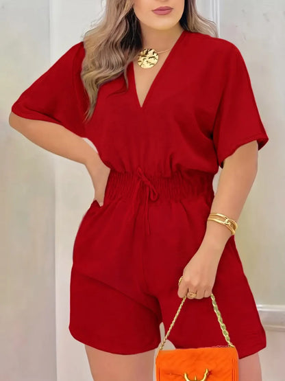 Women's Plain Drawstring Shirred Waist Fitted V Neck Romper