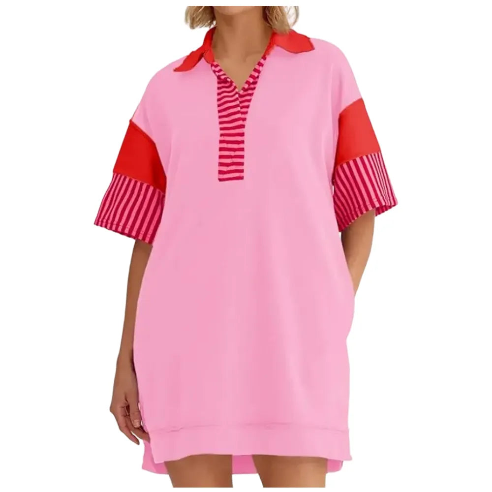 V Neck Summer Color Block Short Sleeve Mini Dress