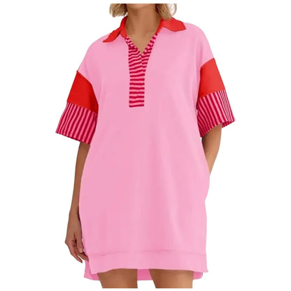 V Neck Summer Color Block Short Sleeve Mini Dress