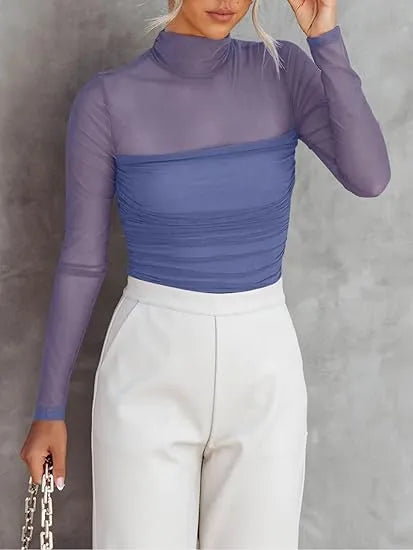 Women’s Long Sleeve Sheer Mesh Ruched Going Out Bodysuits Tops