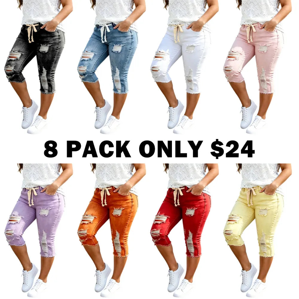 Women's Plus Size Distressed Ripped High-Waisted Capri Jeans