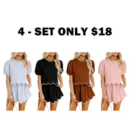 Women's Puff Sleeve Pearl Embellished Scallop Trim Skort Set