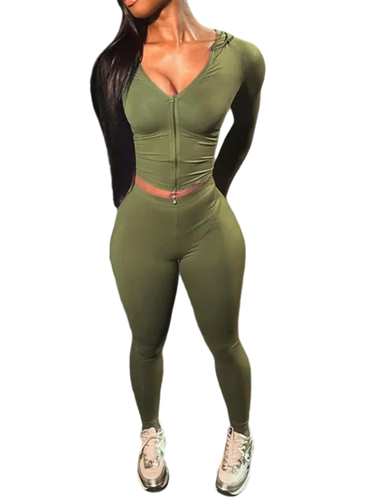 Zip Up Crop Top & High Waist Leggings Two-piece Set