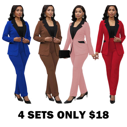 Women's Colorblock Blazer & Straight Leg Pants Set Suits