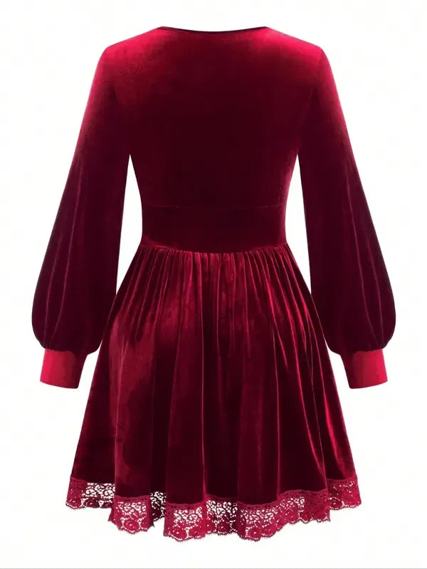 Velvet Lace Patchwork Lantern Sleeve Long Dress