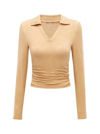 Knit Solid Color Long Sleeve V Neck Top